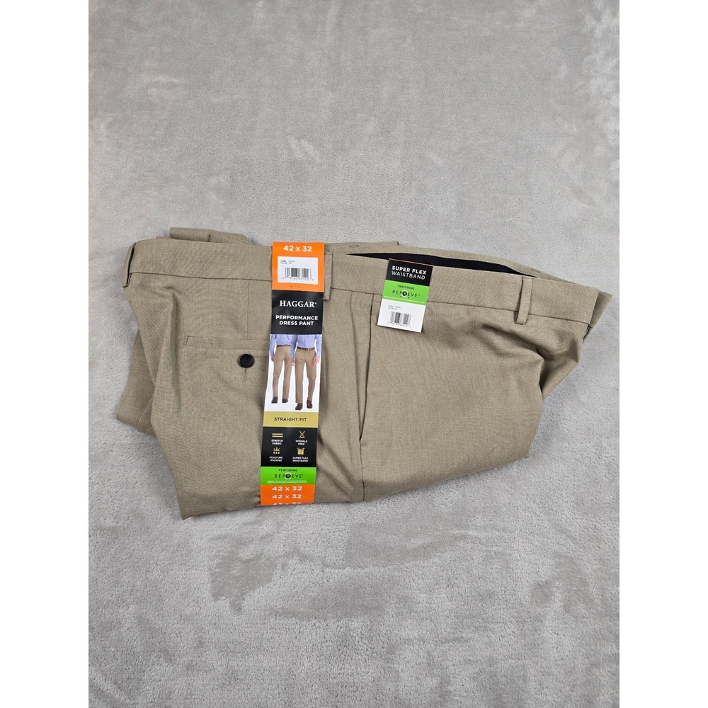 Haggar Performance Dress Pant Mens 42x32 Tan Straight Fit Super Flex Waistband‎